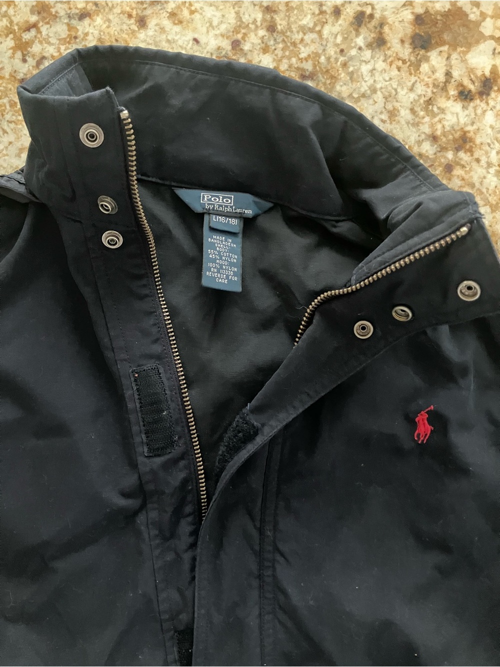 Polo by Ralph Lauren Navy Jacket with Red Pony Logo and hood. Boys size 16/18